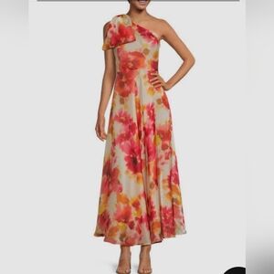 Alex Marie One-Shoulder Floral Dress in Red and Pink